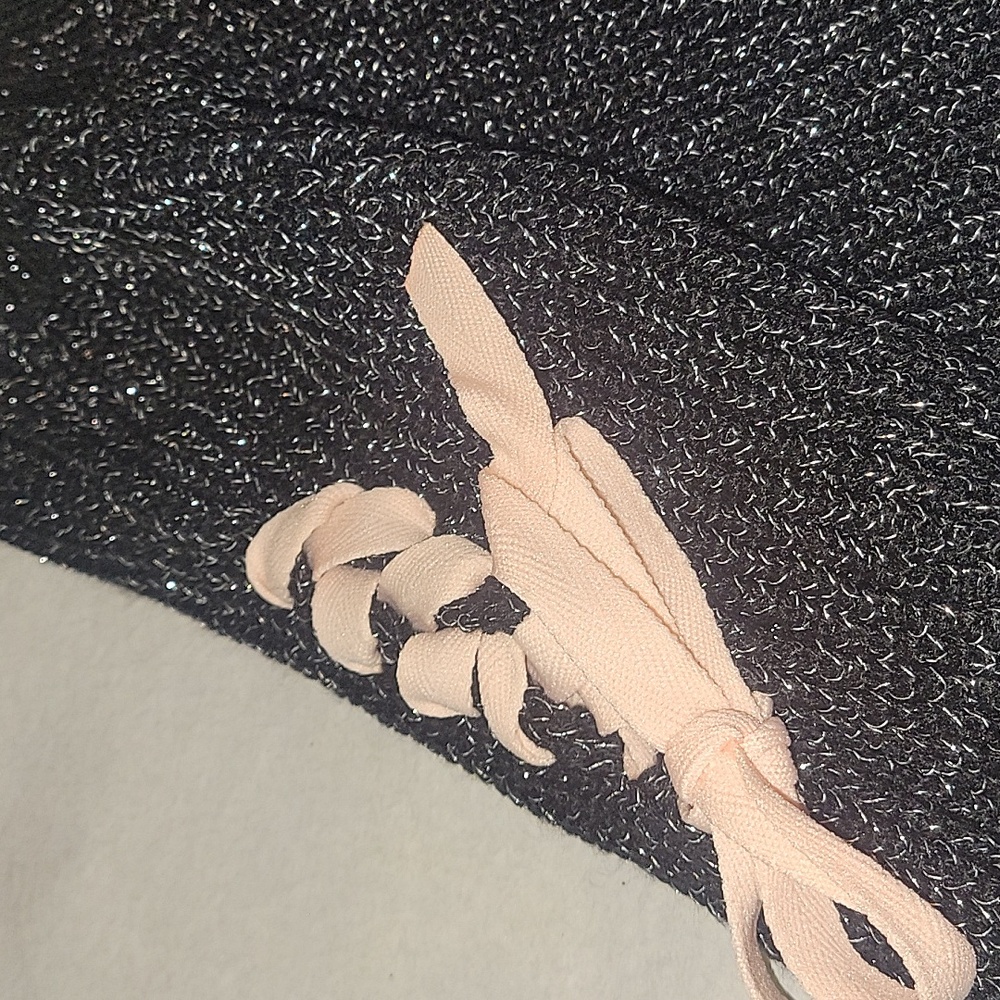 Stylish Black Knit Sweater with Pink Lace-Up Sleeves - Picture 2 of 5